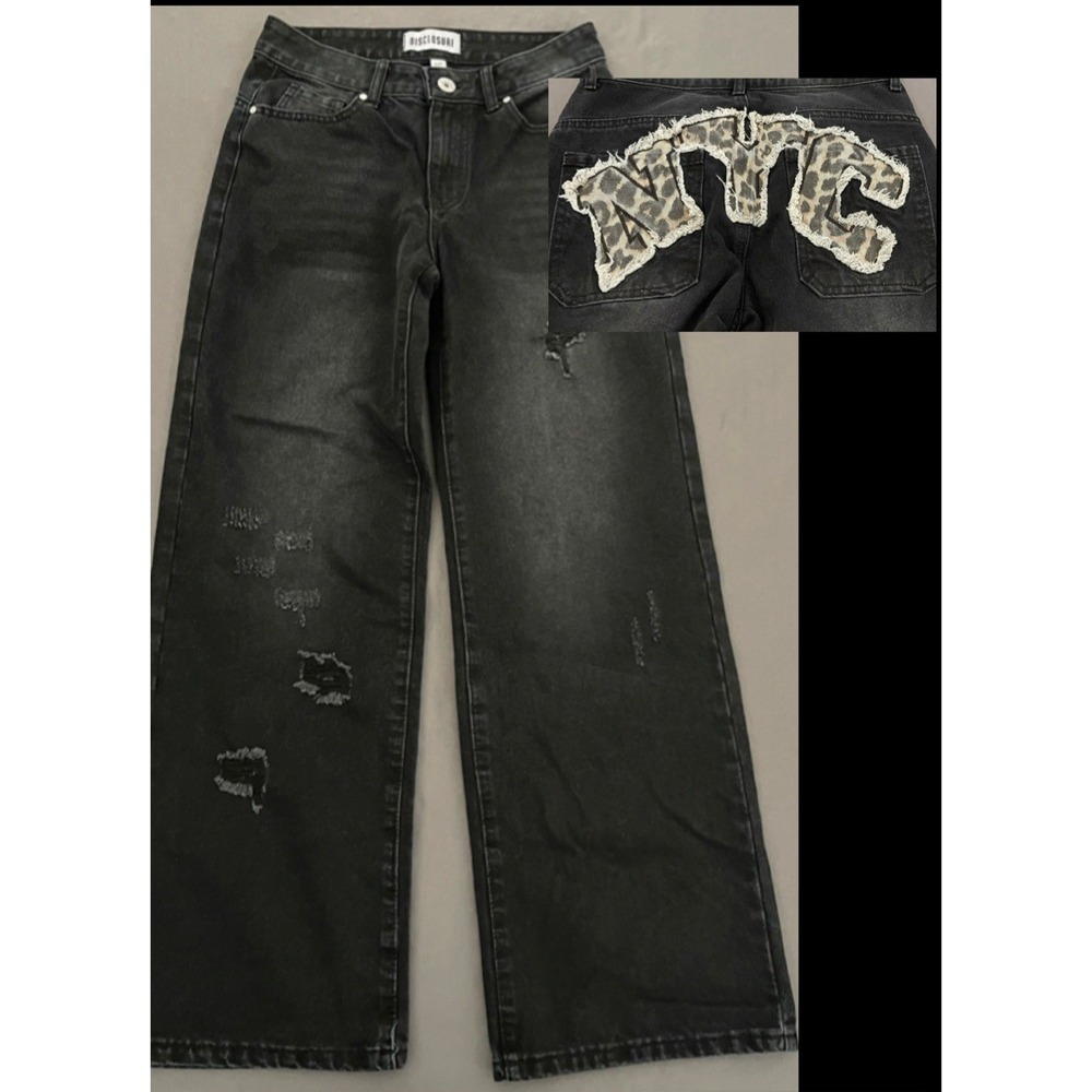 Disclosure Distressed Jeans Womens 5/27 Black Leopard Patch Wide Y2K
